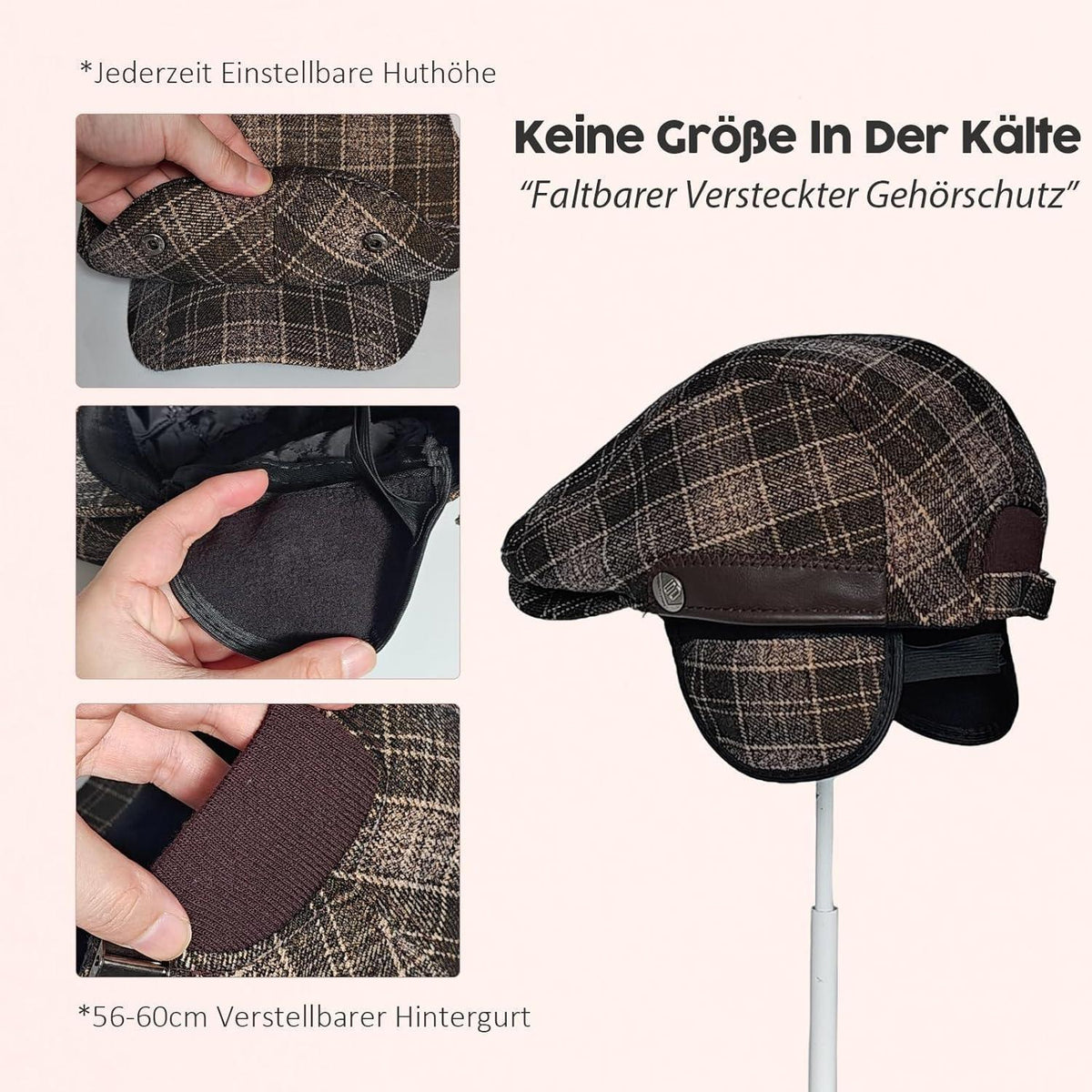 Verstellbare Herren Winter Mütze mit Ohrenklappen - Kaffee Raster