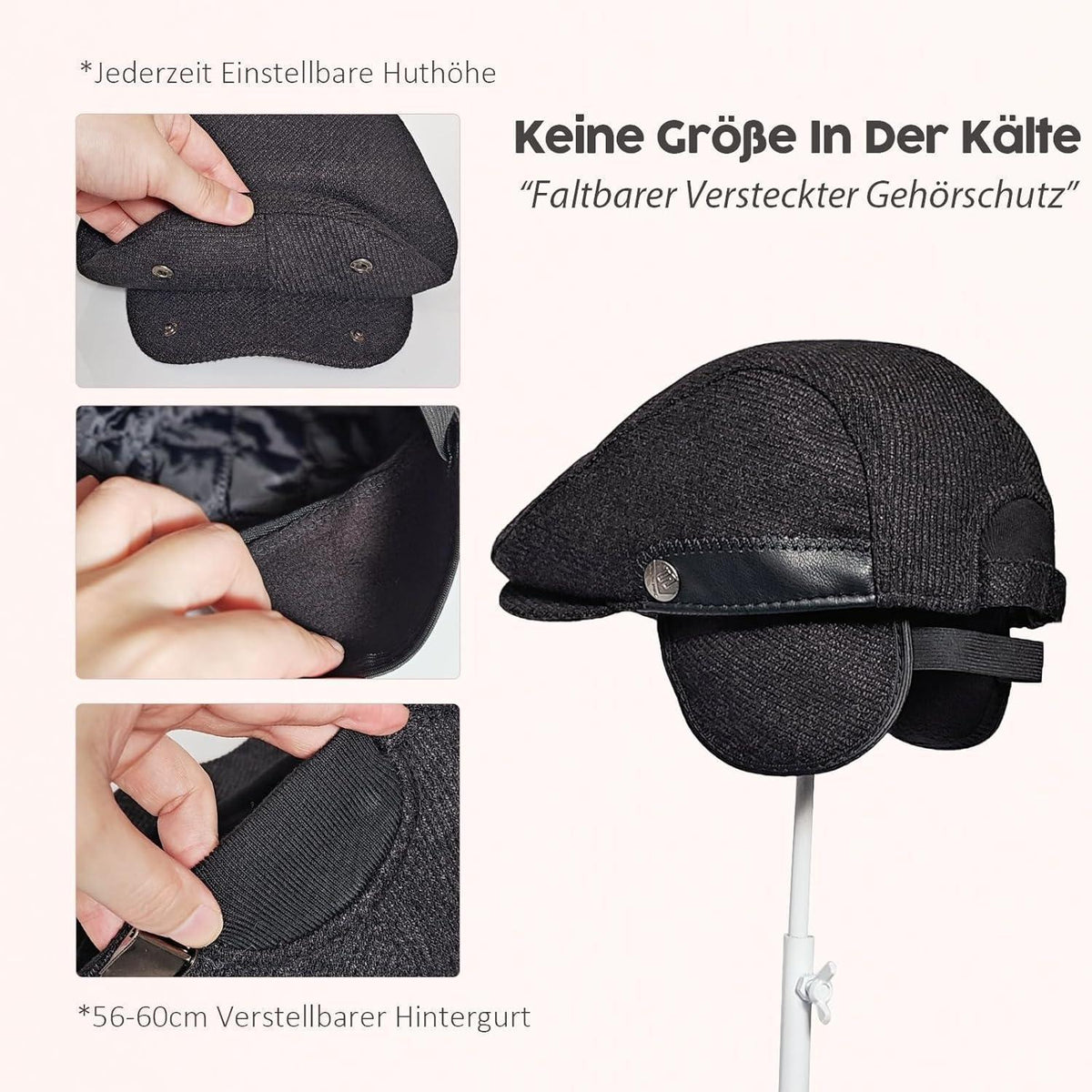 Verstellbare Herren Wintermütze mit Ohrenklappen - Dunkelgrau