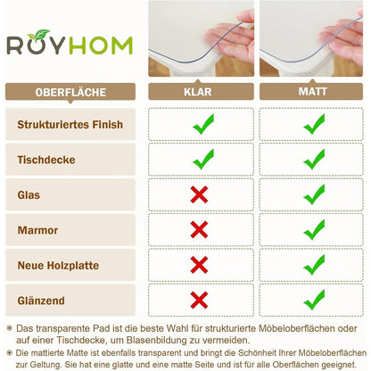 Royhom Tischfolie Transparent 100x200 cm – Mattiert & Blasenfrei
