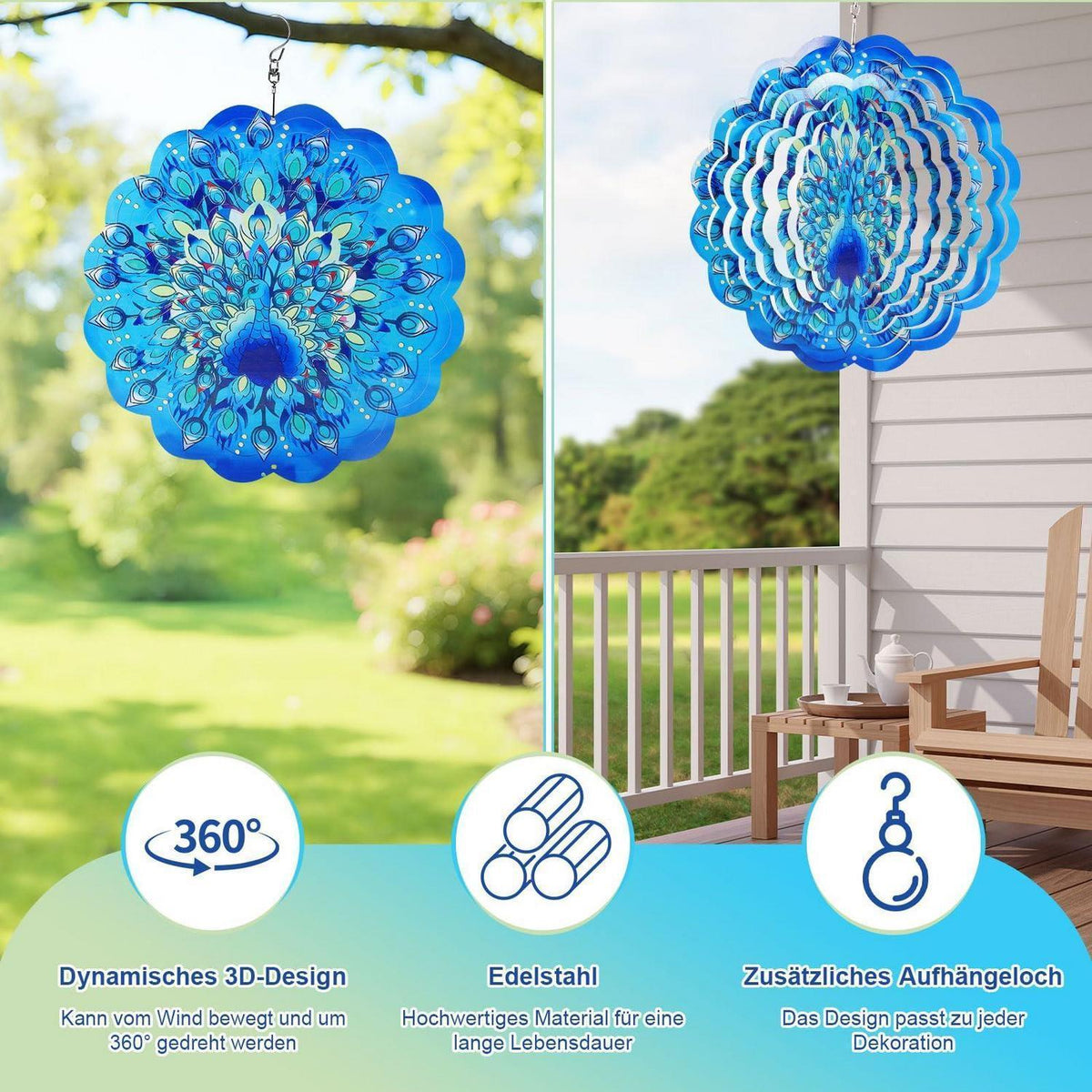3D Windspiel Pfau – Regenbogen-Dekoration für Garten & Zuhause