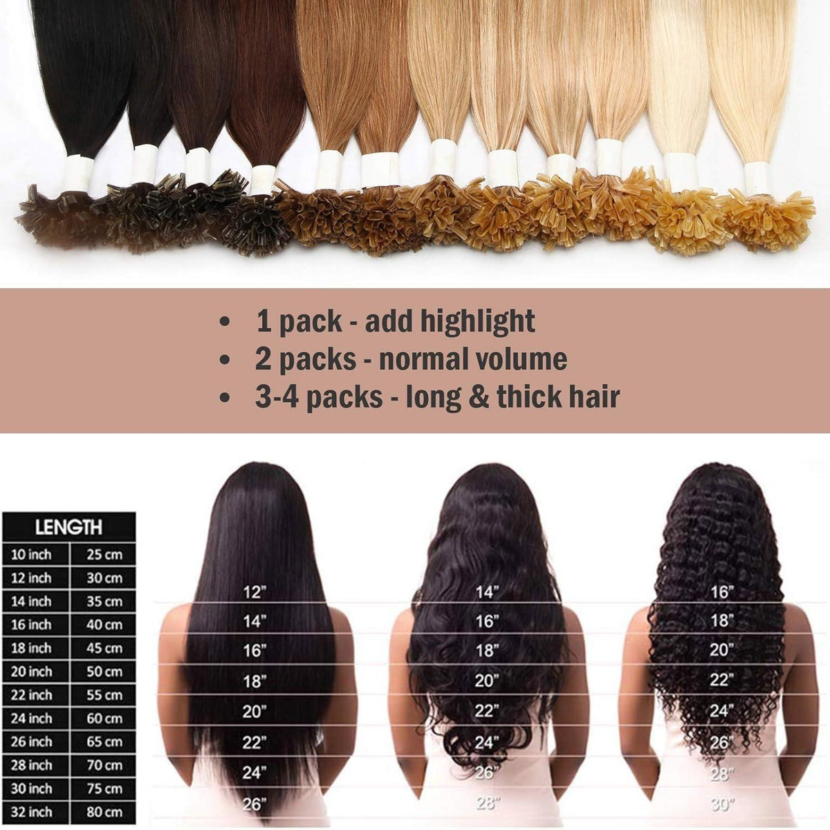 Echthaar Extensions Bondings Schwarz 60cm - 50 Strähnen