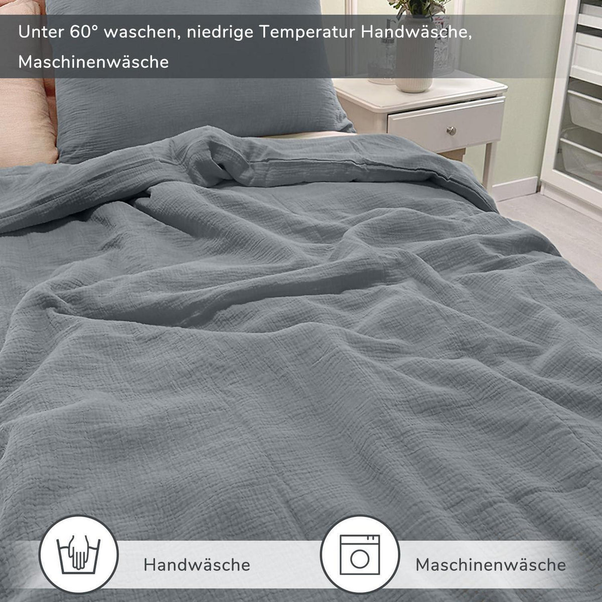 Muslin Bettwäsche Set 200x220 cm Rauchgrau 3-teilig