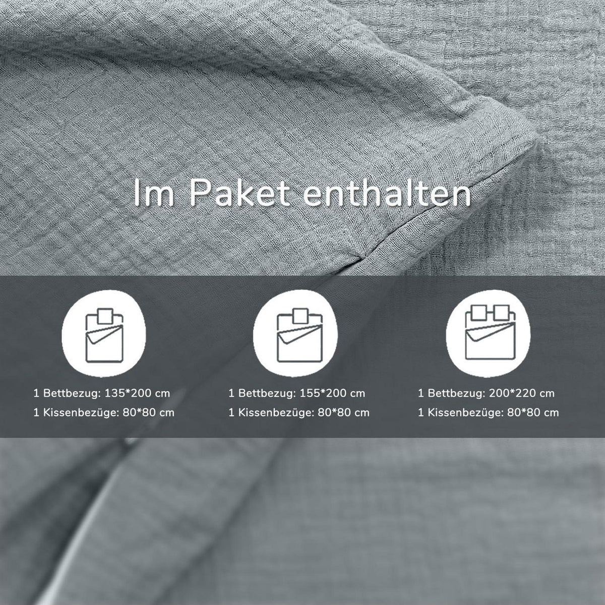 Muslin Bettwäsche Set 200x220 cm Rauchgrau 3-teilig