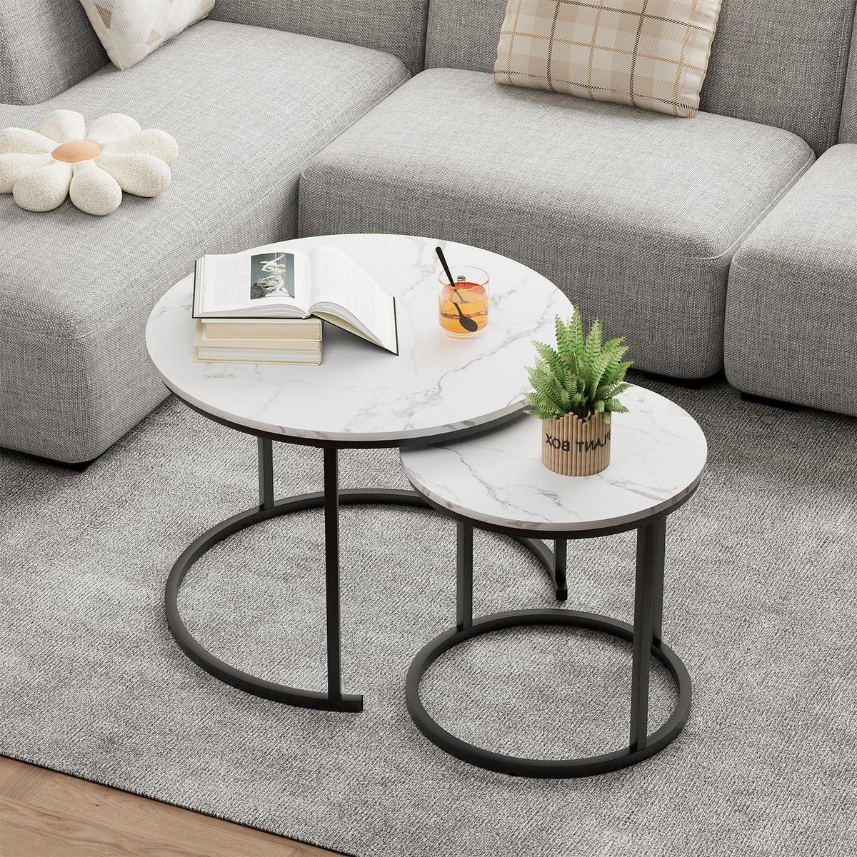 Beistelltisch Set Rund, Couchtisch 2er Set Holz & Metall, Weiß+Schwarz