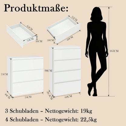 2er-Set Kommoden Weiß 3 & 4 Schubladen – Schlafzimmer & Büro
