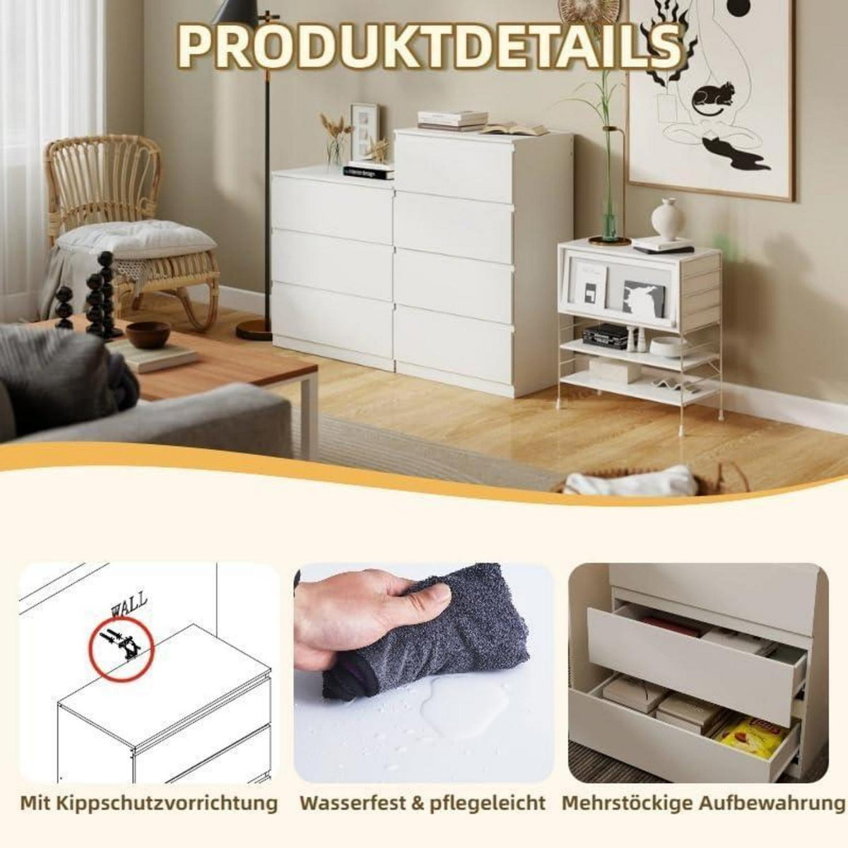2er-Set Kommoden Weiß 3 & 4 Schubladen – Schlafzimmer & Büro