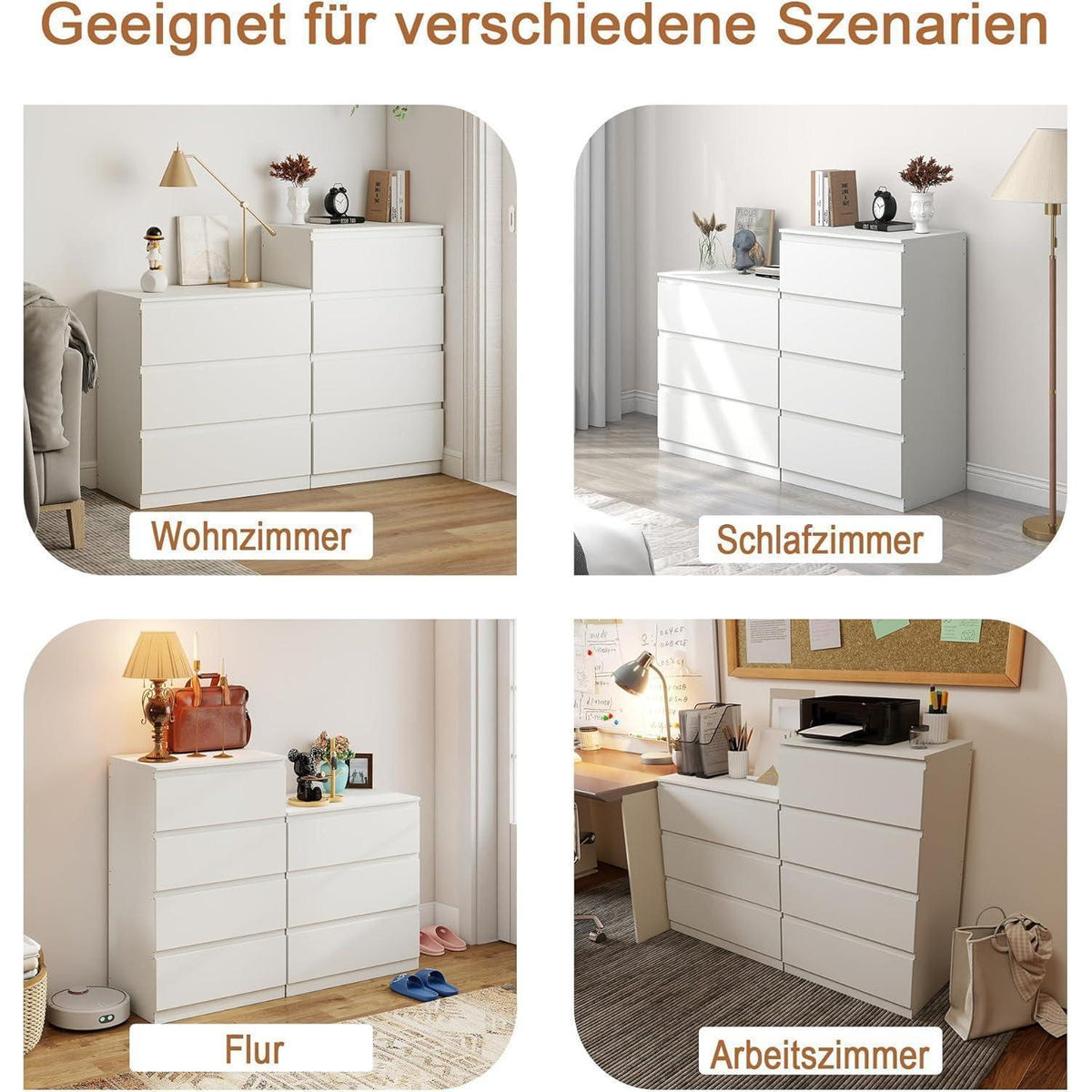 2er-Set Kommoden Weiß 3 & 4 Schubladen – Schlafzimmer & Büro