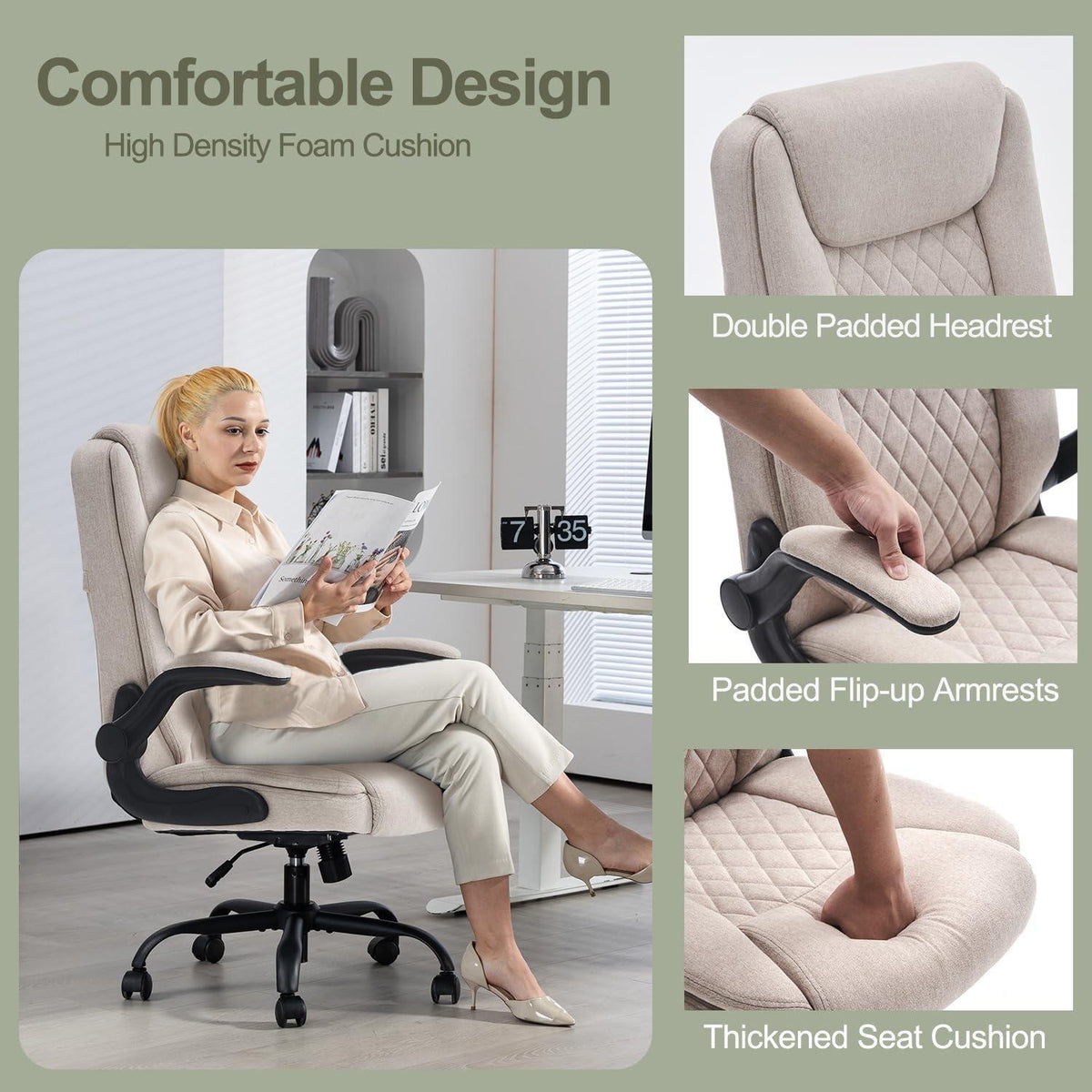 Ergonomischer Bürostuhl mit Kopfstütze und Wippfunktion, Beige