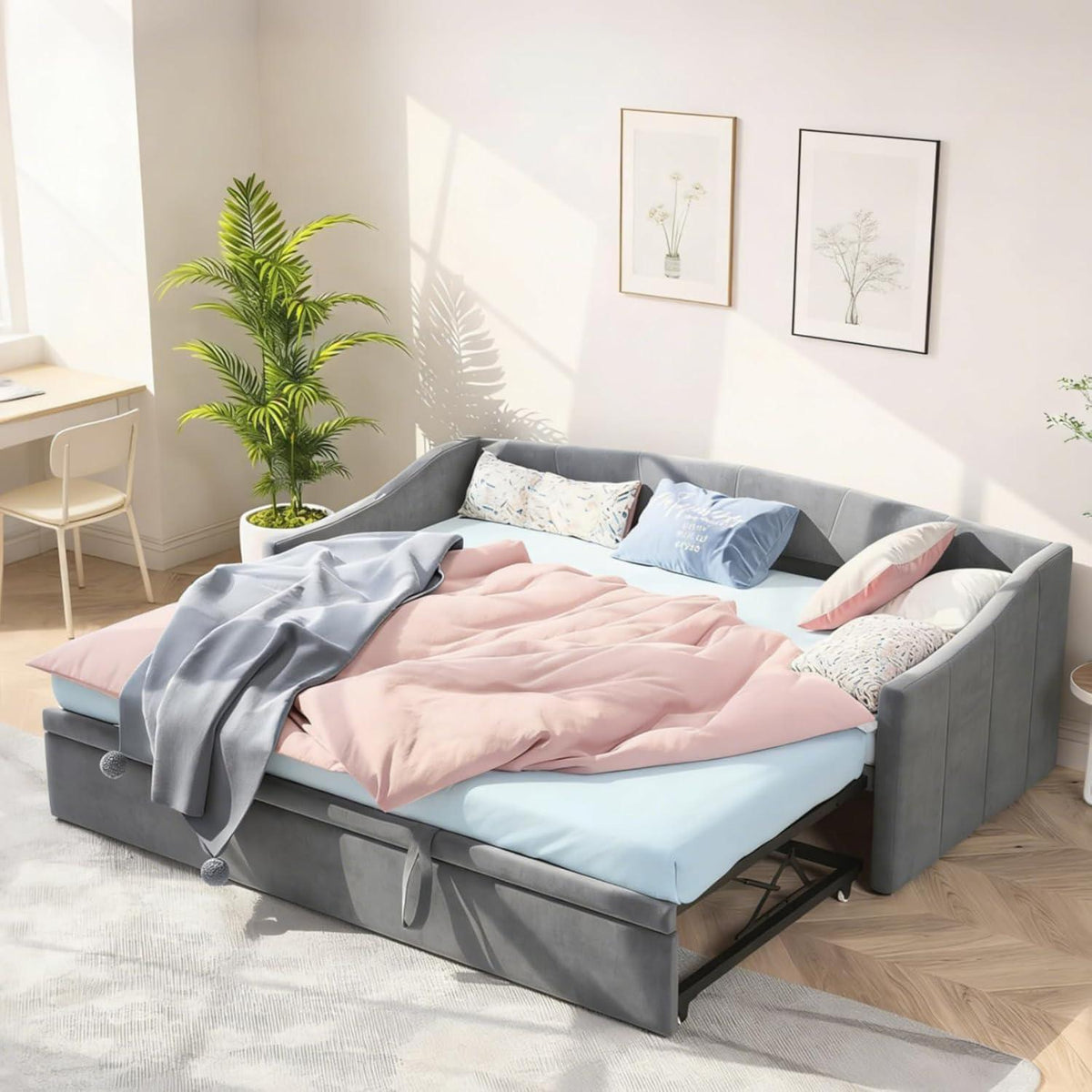 Ausziehbett 90/180x200 cm mit Bettkasten & Stauraum