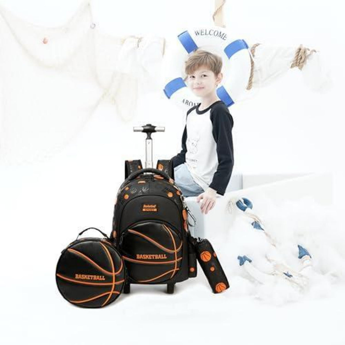 Schultrolley Rucksack Kinder Schwarz Basketball