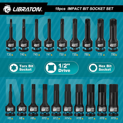 Schlag-Steckschlüsselsatz Torx & Sechskant 1/2" S2-Stahl 19-tlg