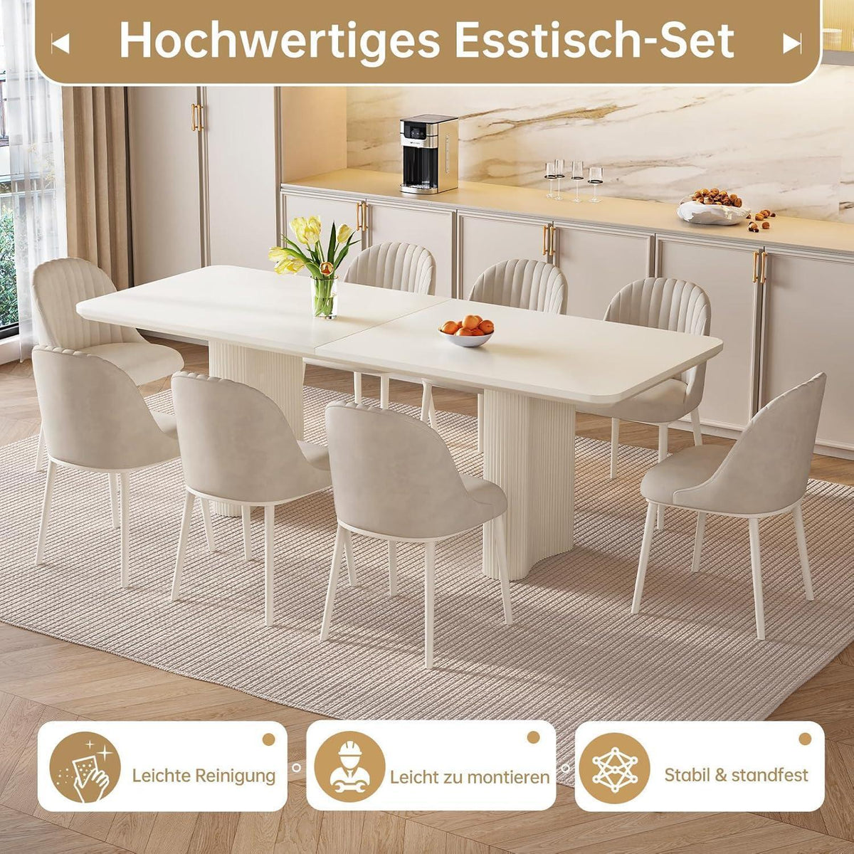9-teiliges Esszimmer Set mit 200cm Esstisch & weißen Stühlen