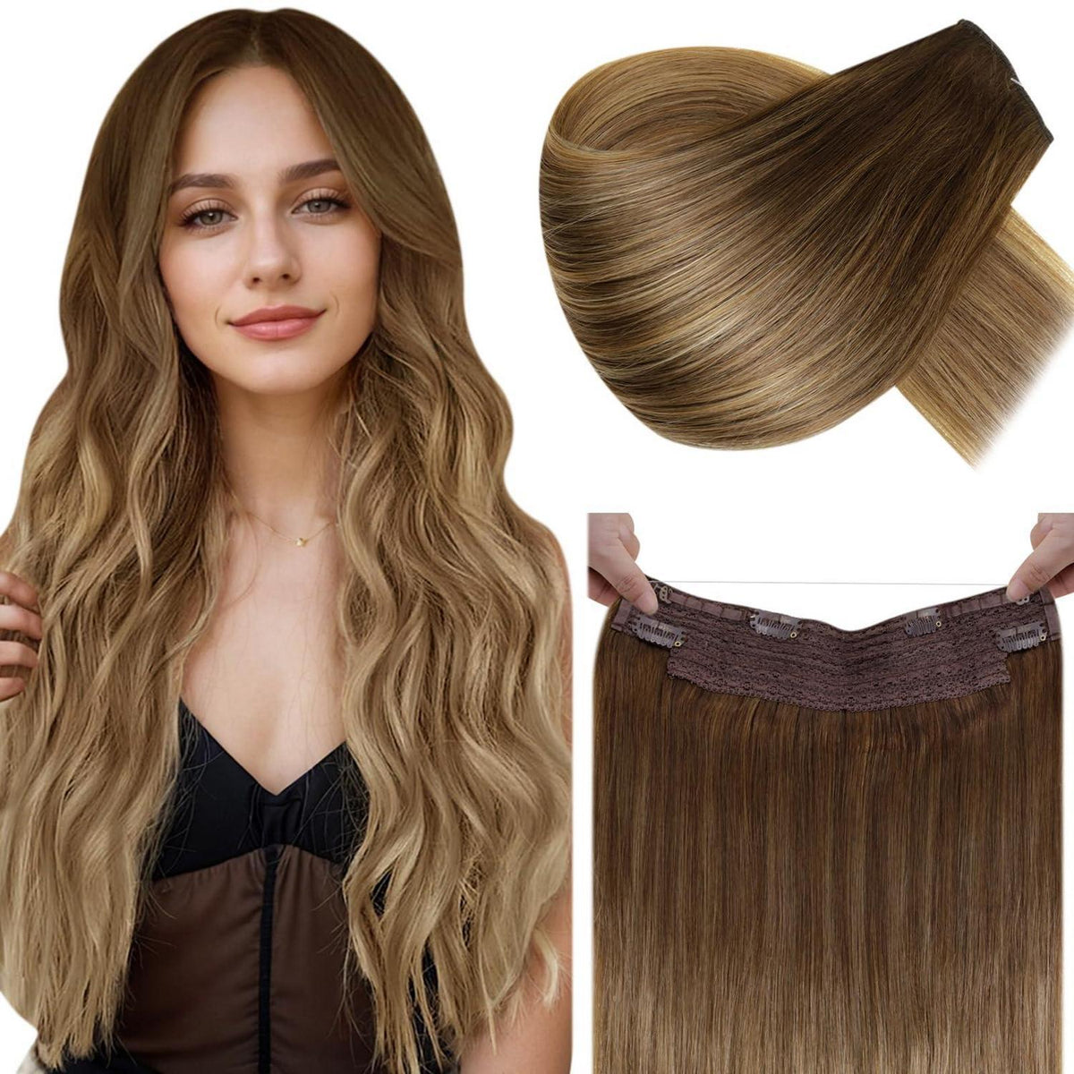 Echthaar Verlängerung Braun Ombre Flip mit Draht 50cm