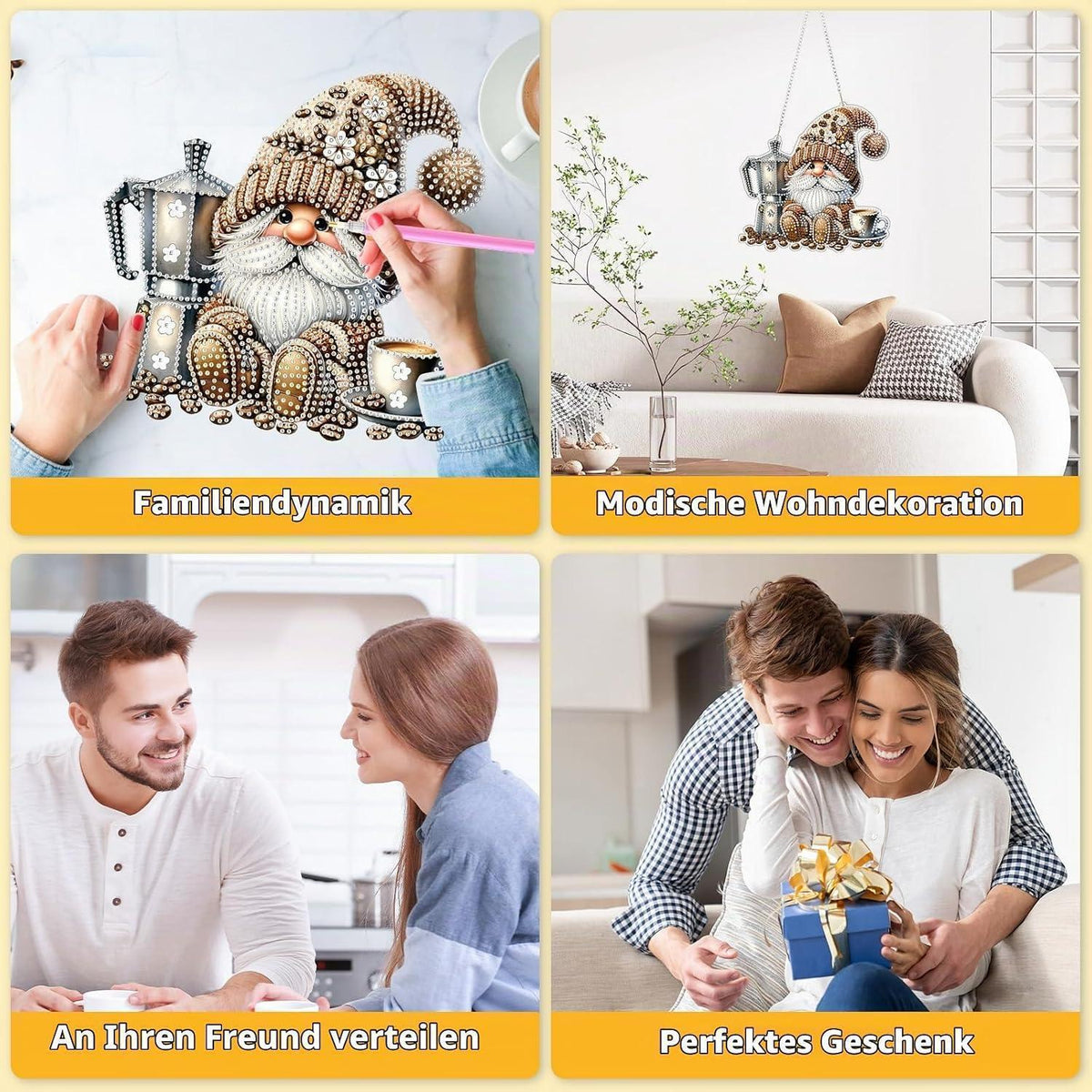Diamantmalerei Anhänger Gnom & Kaffee – DIY Fensterdeko Set