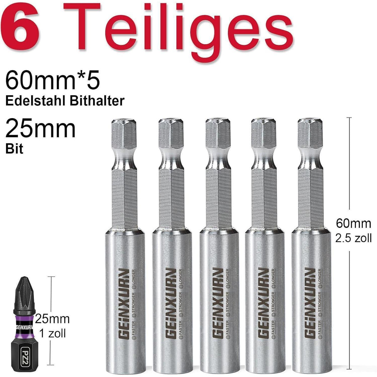 5x Magnetischer Bithalter 60mm Edelstahl Schnellwechsel mit 3x PZ2 Bits