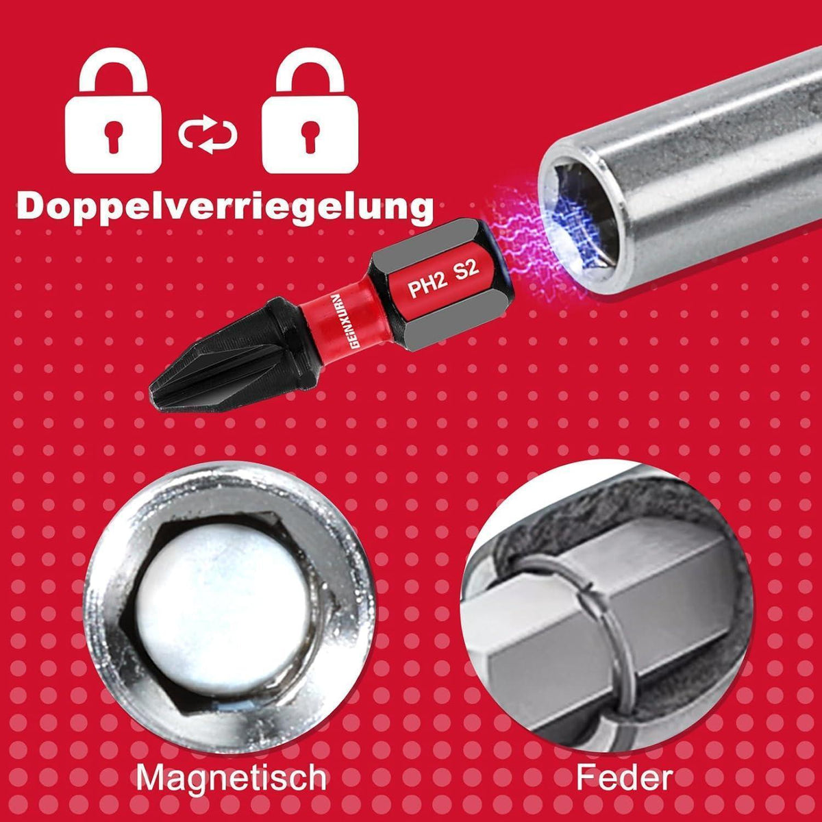 5x Magnetischer Bithalter 60mm Edelstahl Schnellwechsel mit 3x PZ2 Bits