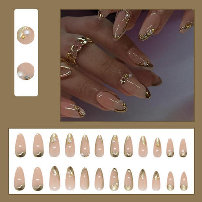 24 Kurz Nägel Aufkleben Gold Mandel mit 3D Metallic Muster