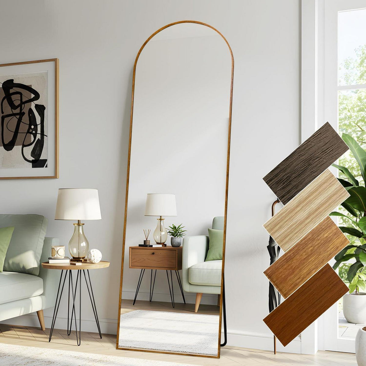 Gewölbter Ganzkörperspiegel mit Holzoptikrahmen – 161 x 52 cm