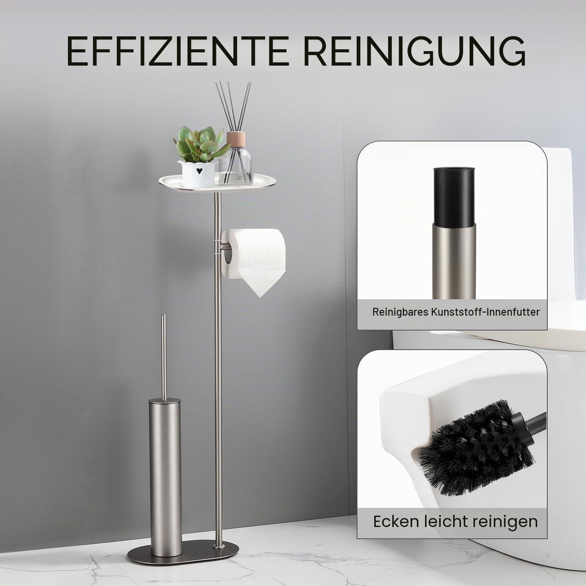 Freistehendes WC-Bürsten-Set Edelstahl gebürstet Nickel 3-in-1