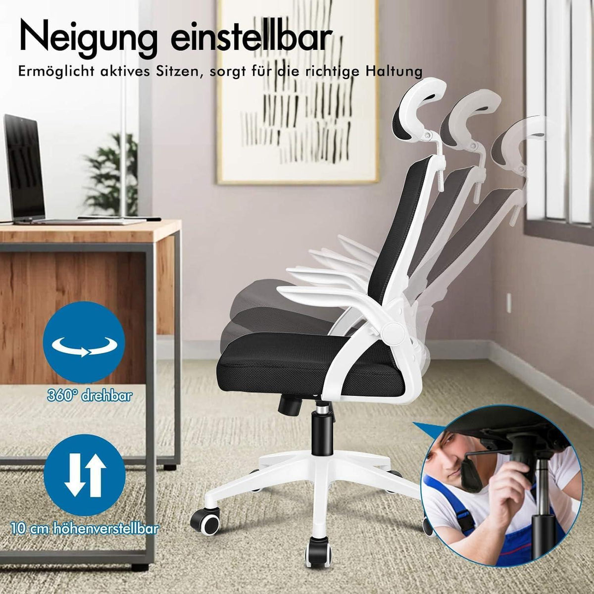 Ergonomischer Bürostuhl mit Lordosenstütze und Kopfstütze, Weiß Arco