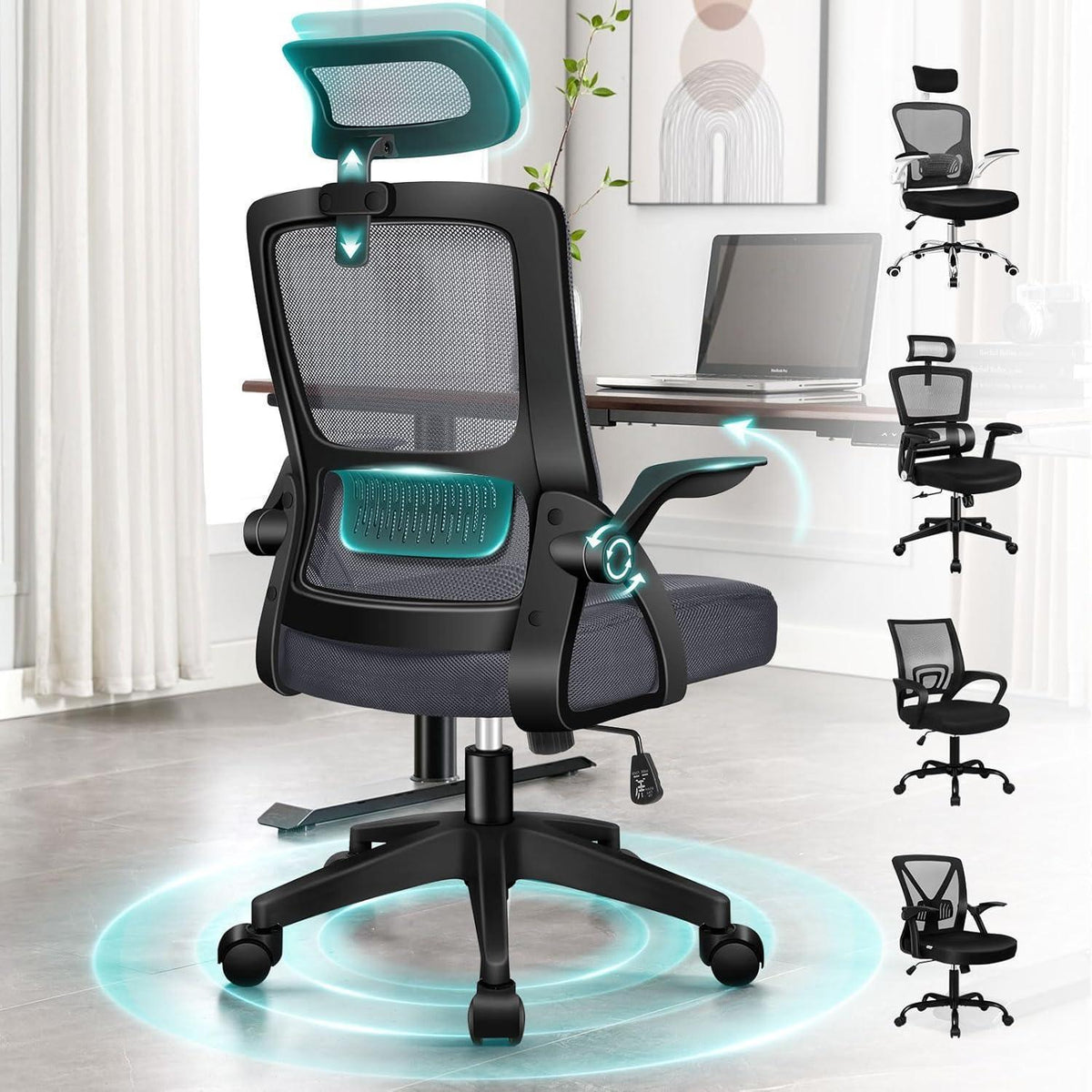 Ergonomischer Bürostuhl mit Lordosenstütze und Kopfstütze, Dunkelgrau