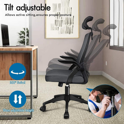 Ergonomischer Bürostuhl mit Lordosenstütze und Kopfstütze, Dunkelgrau