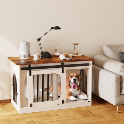Hundebox Möbelstil Weiß/Braun – 100cm mit Matte & Schiebetüren