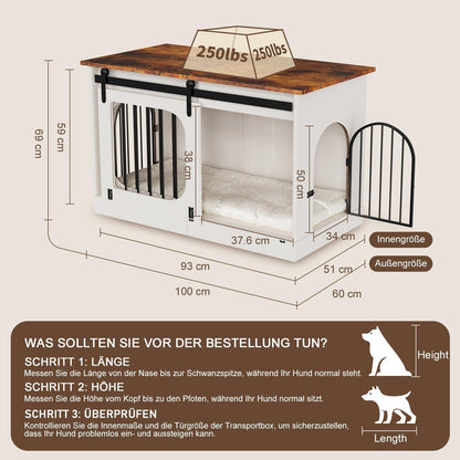 Hundebox Möbelstil Weiß/Braun – 100cm mit Matte & Schiebetüren