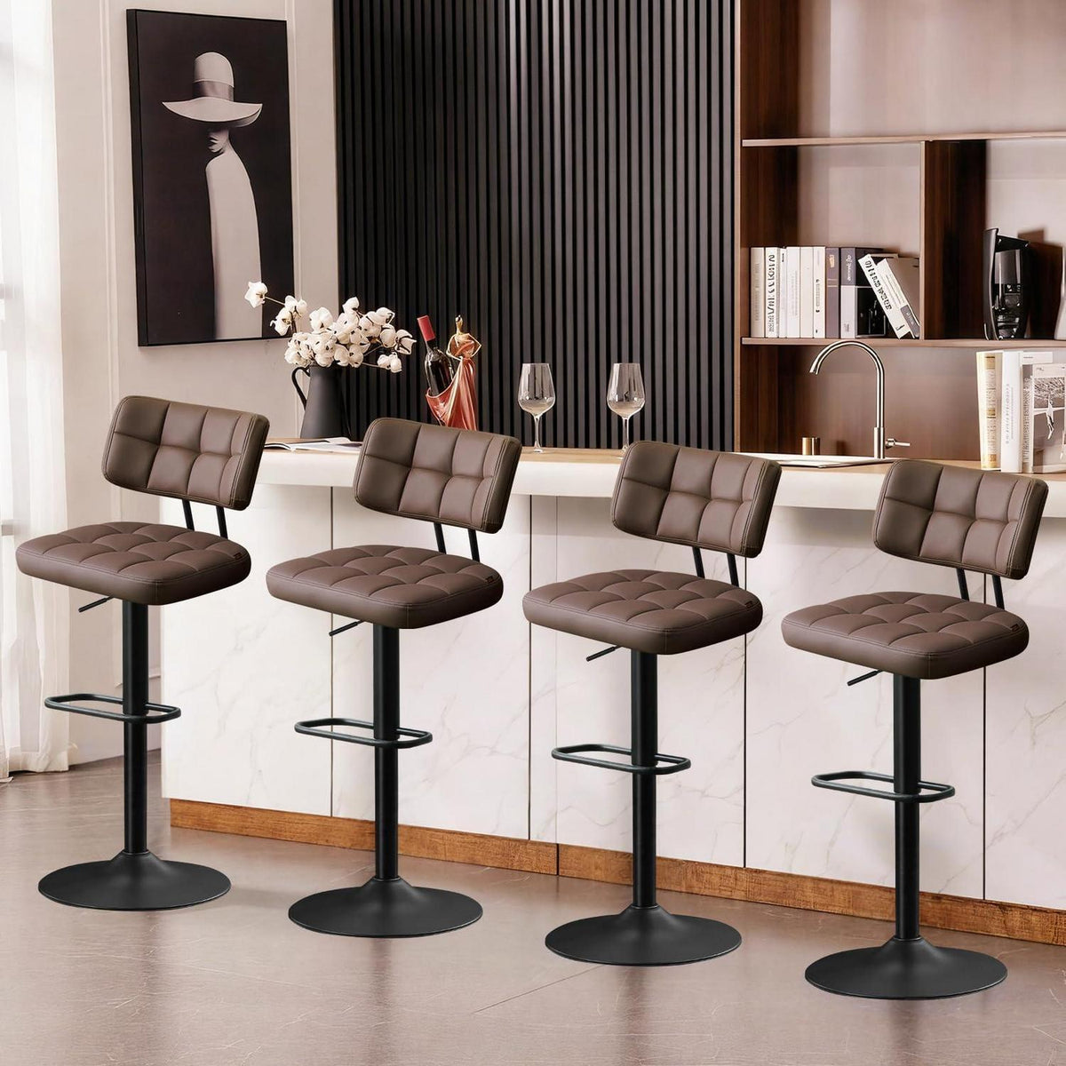 Barhocker Set 4er – Höhenverstellbar, Braun in Lederoptik