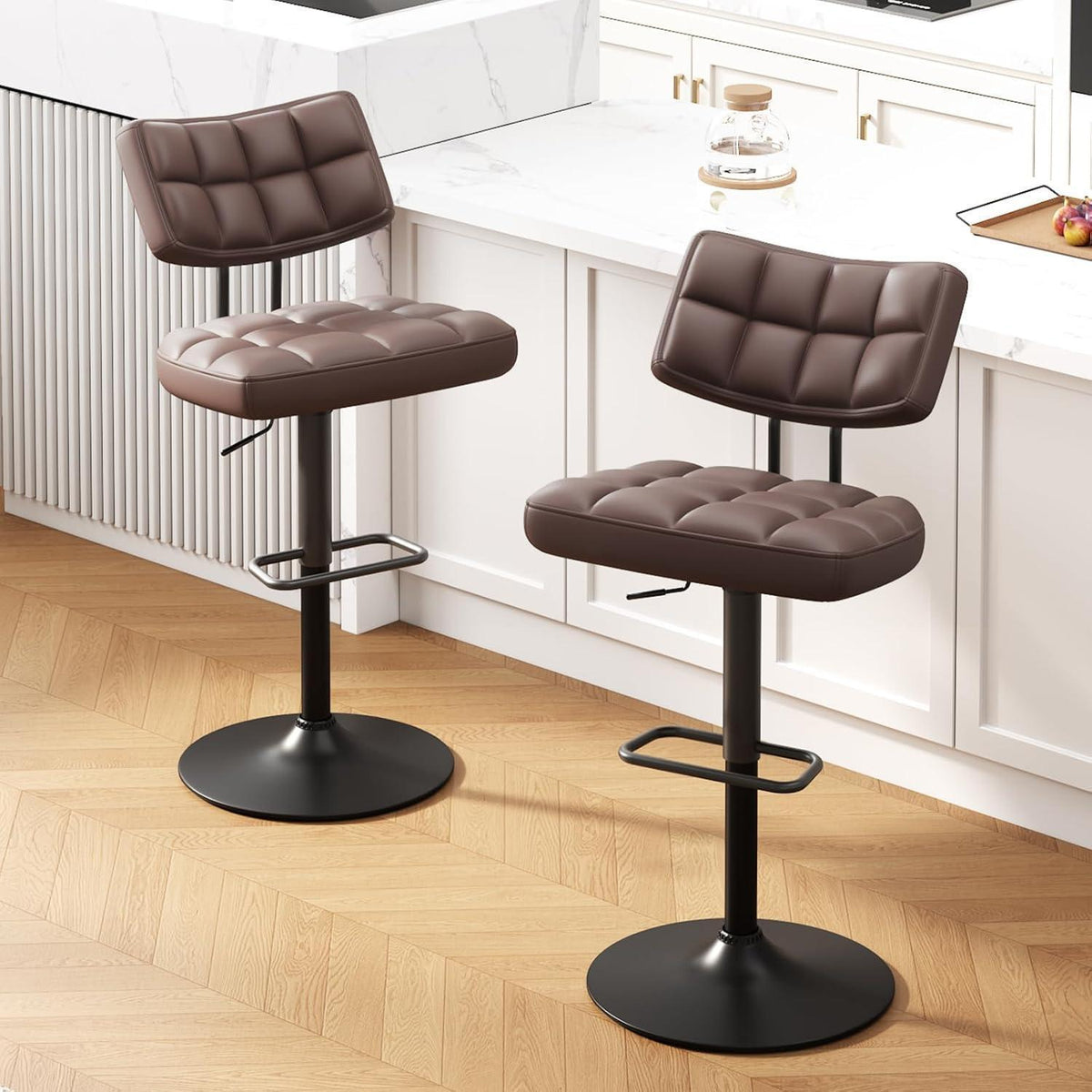Barhocker Set 4er – Höhenverstellbar, Braun in Lederoptik