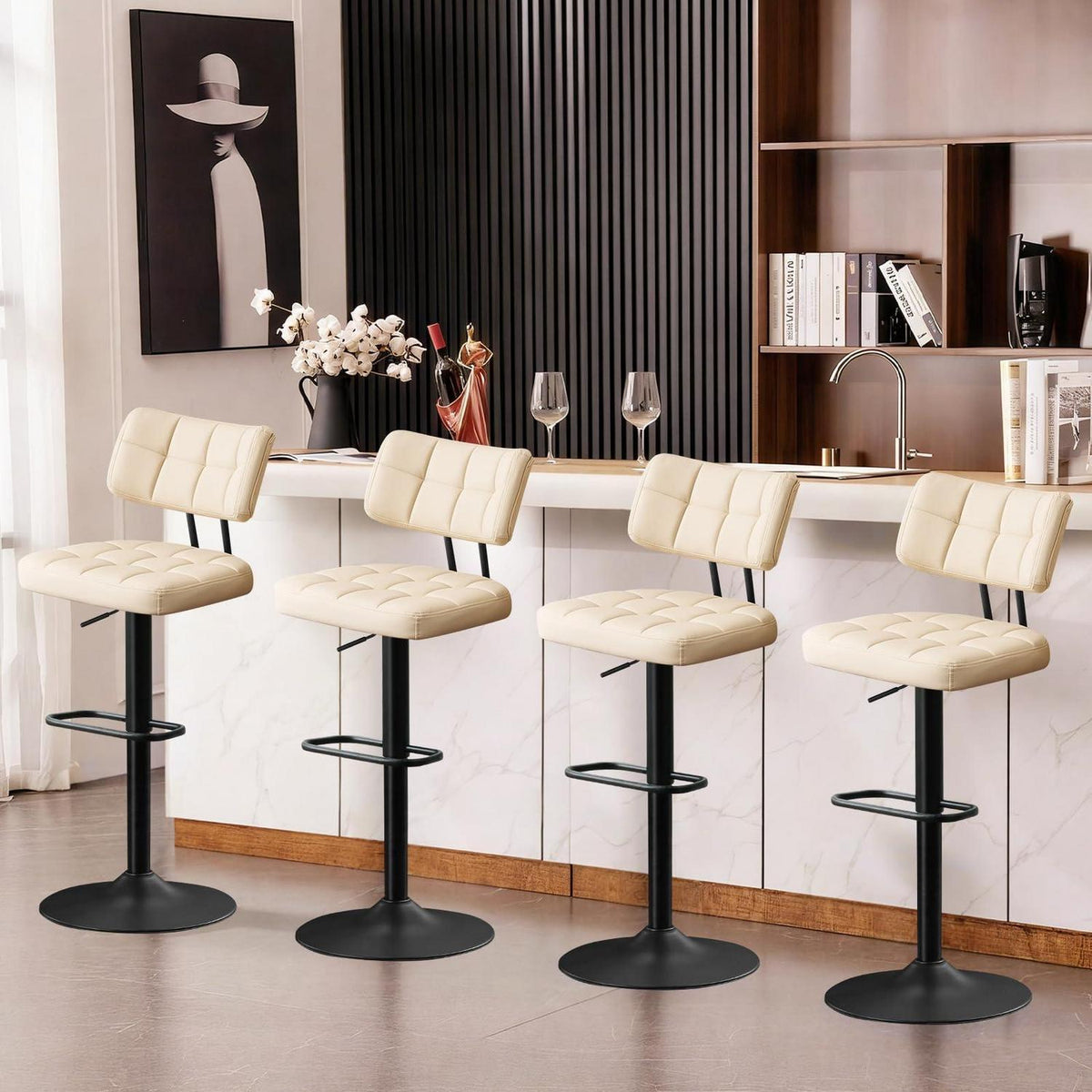Barhocker Set 4er – Höhenverstellbar, Beige in Lederoptik