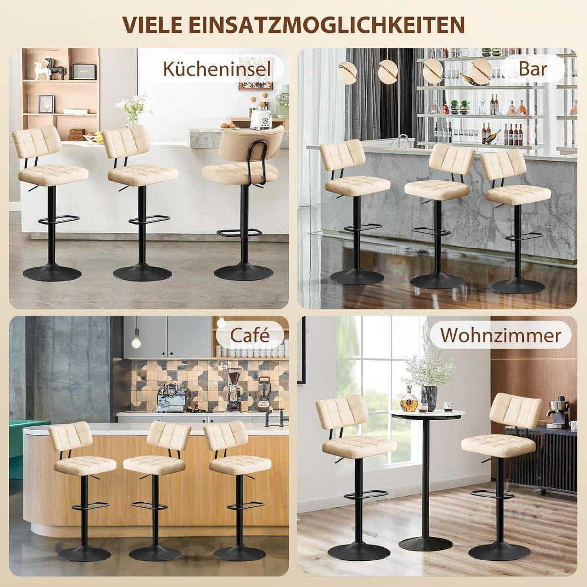 Barhocker Set 4er – Höhenverstellbar, Beige in Lederoptik