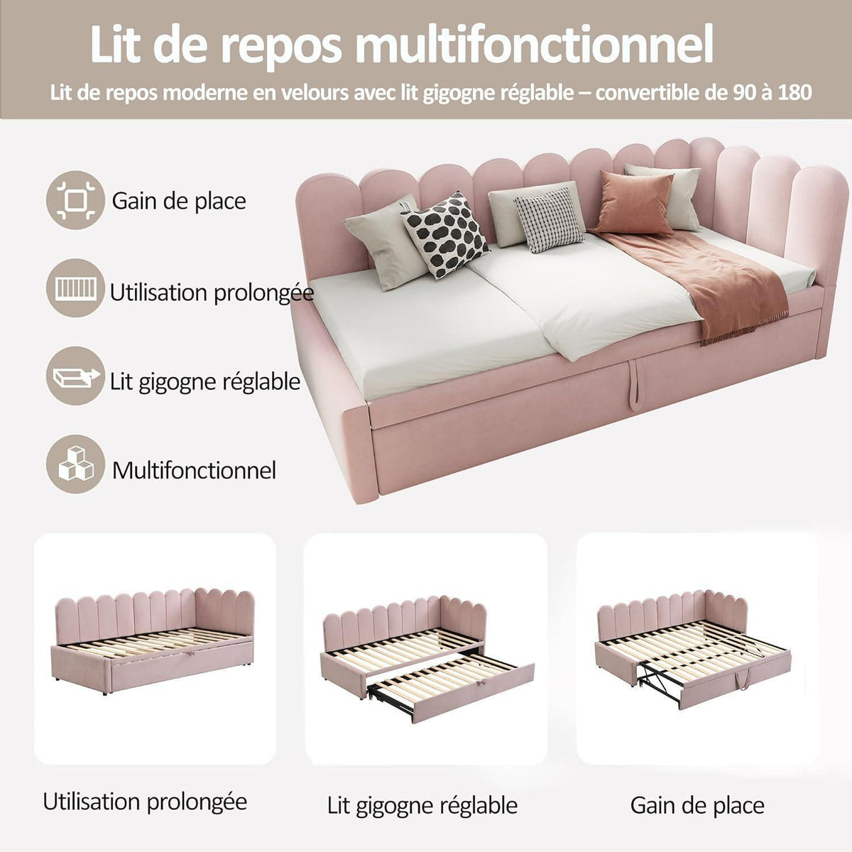 2-in-1 Schlafsofa L-Form Rosa – Platzsparend & Verwandelt