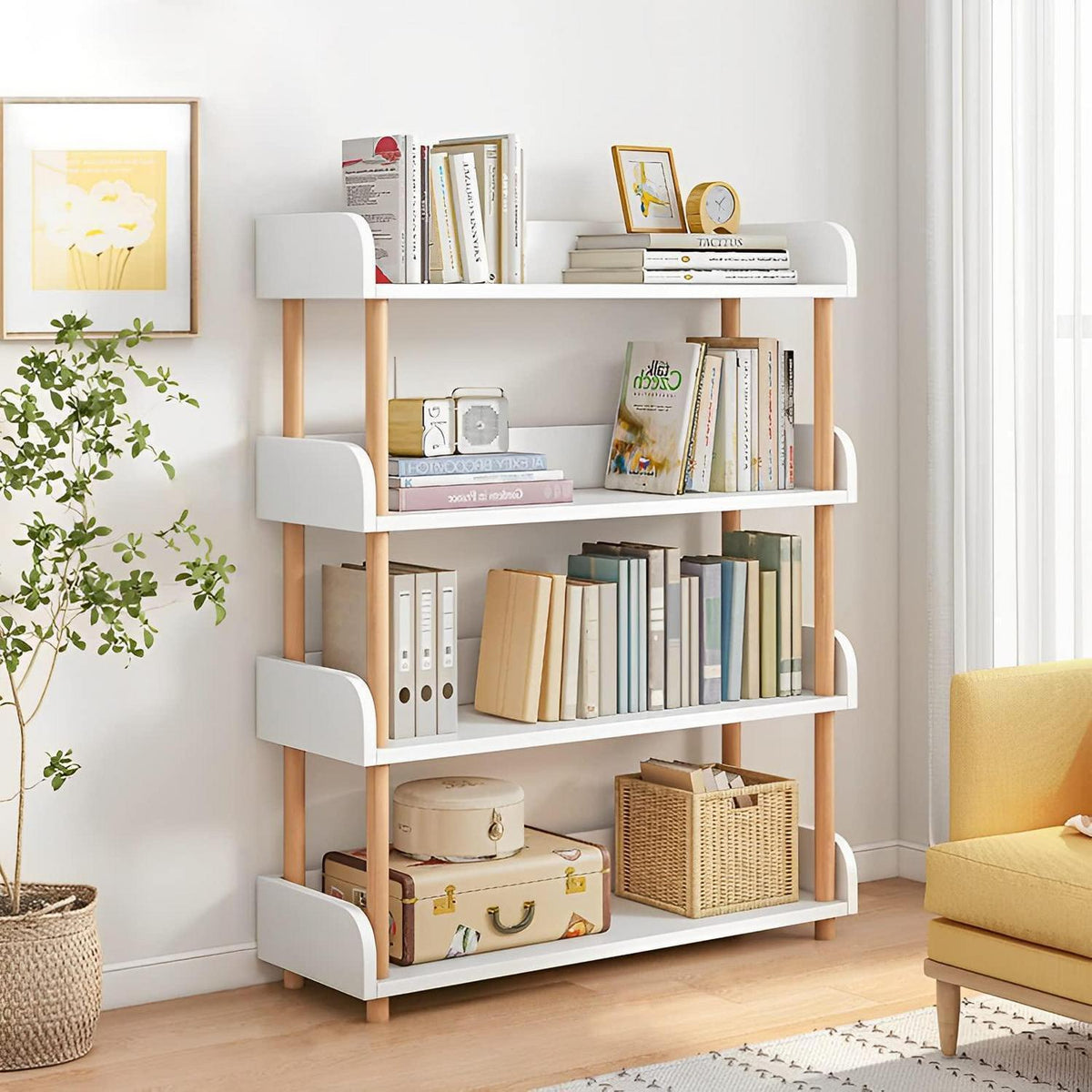 4-Ebenen Bücherregal Holz - Modernes Freistehend Regal Weiß