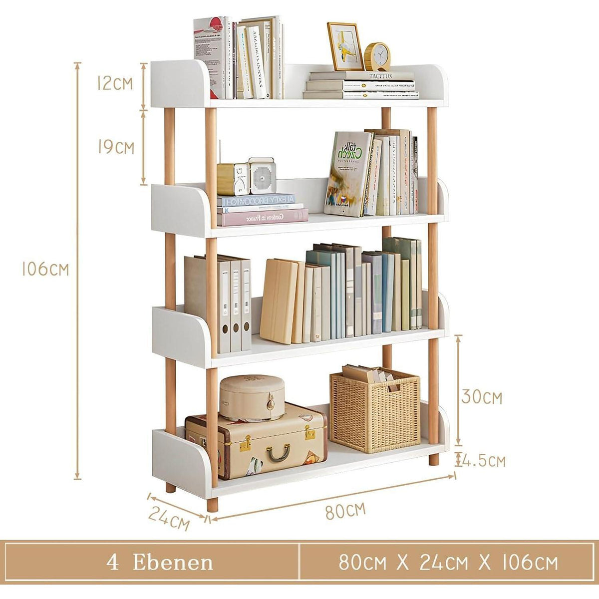 4-Ebenen Bücherregal Holz - Modernes Freistehend Regal Weiß
