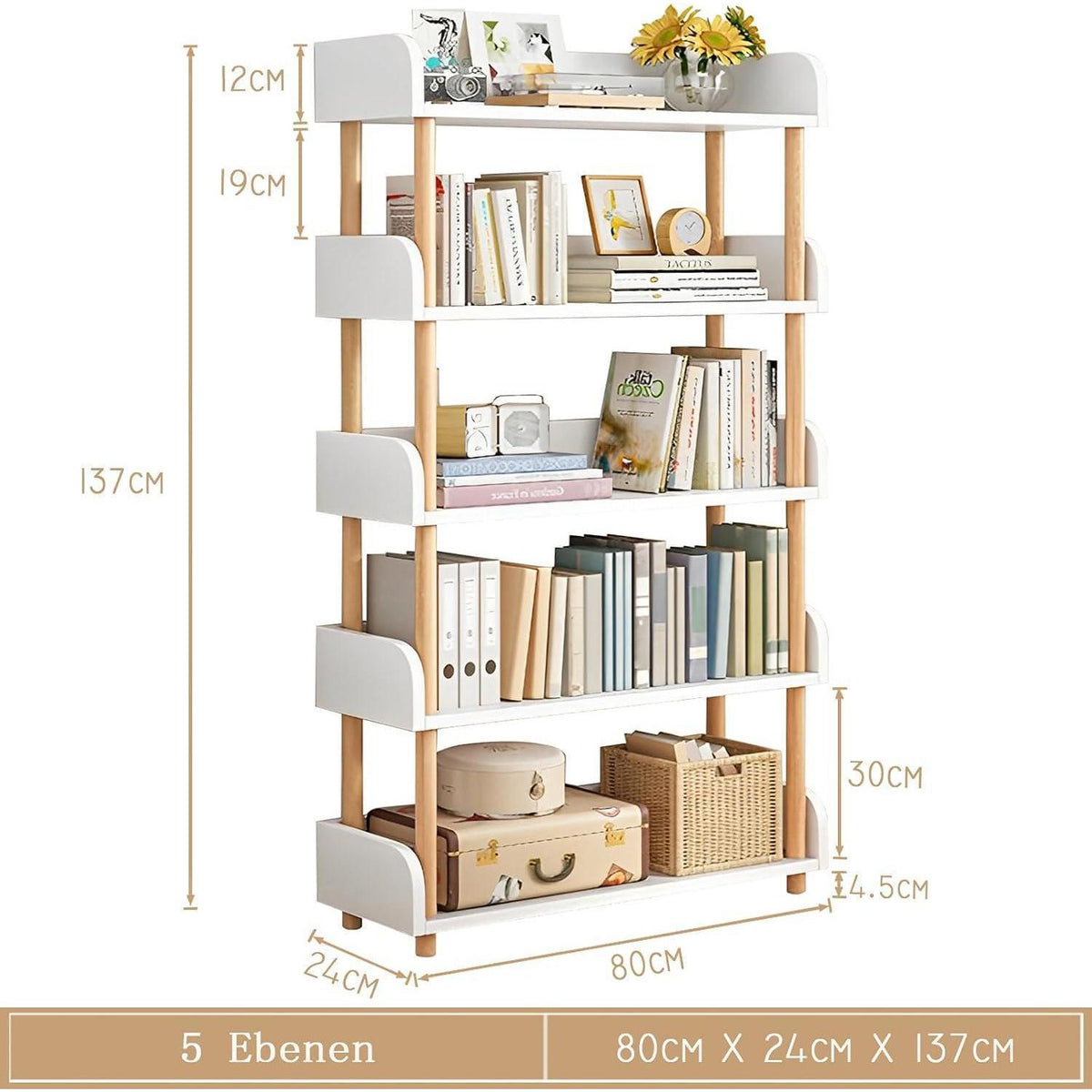 5-Ebenen Bücherregal aus Holz – Modernes Freistehend Regal Weiß