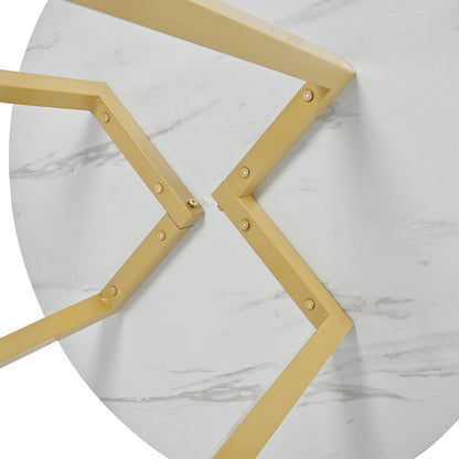 Runder Esstisch weiß/gold mit Marmor-Muster & Metallgestell