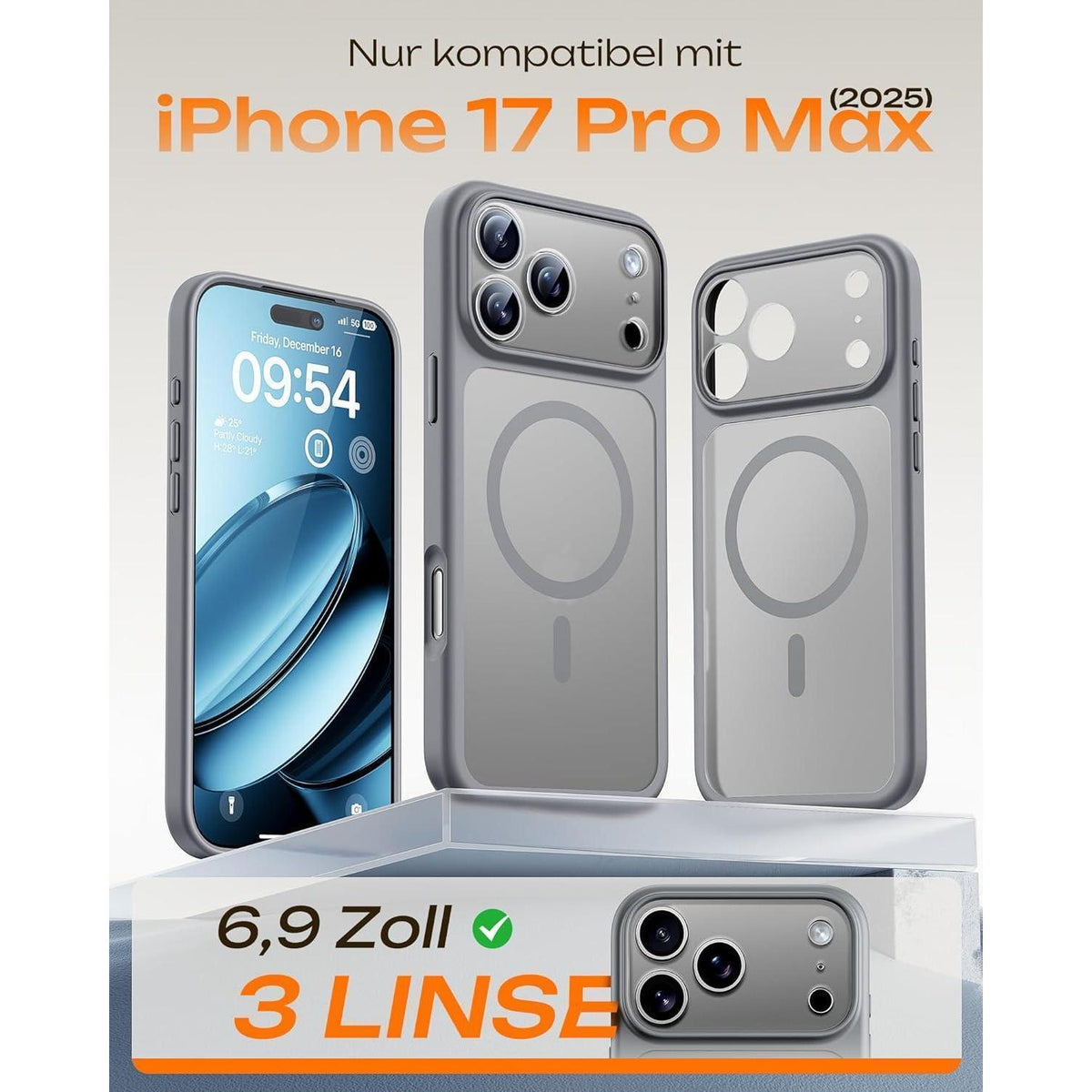 iPhone 17 Pro Max Hülle MagSafe, Kameraschutz, Matt Grau