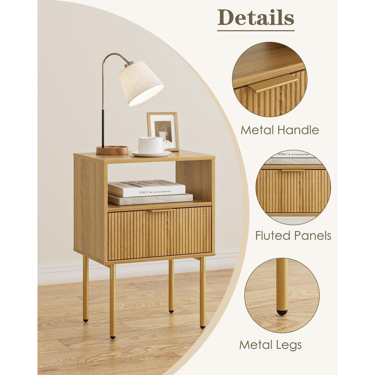 Nachttisch mit Schublade und Ablage, modern, Eiche