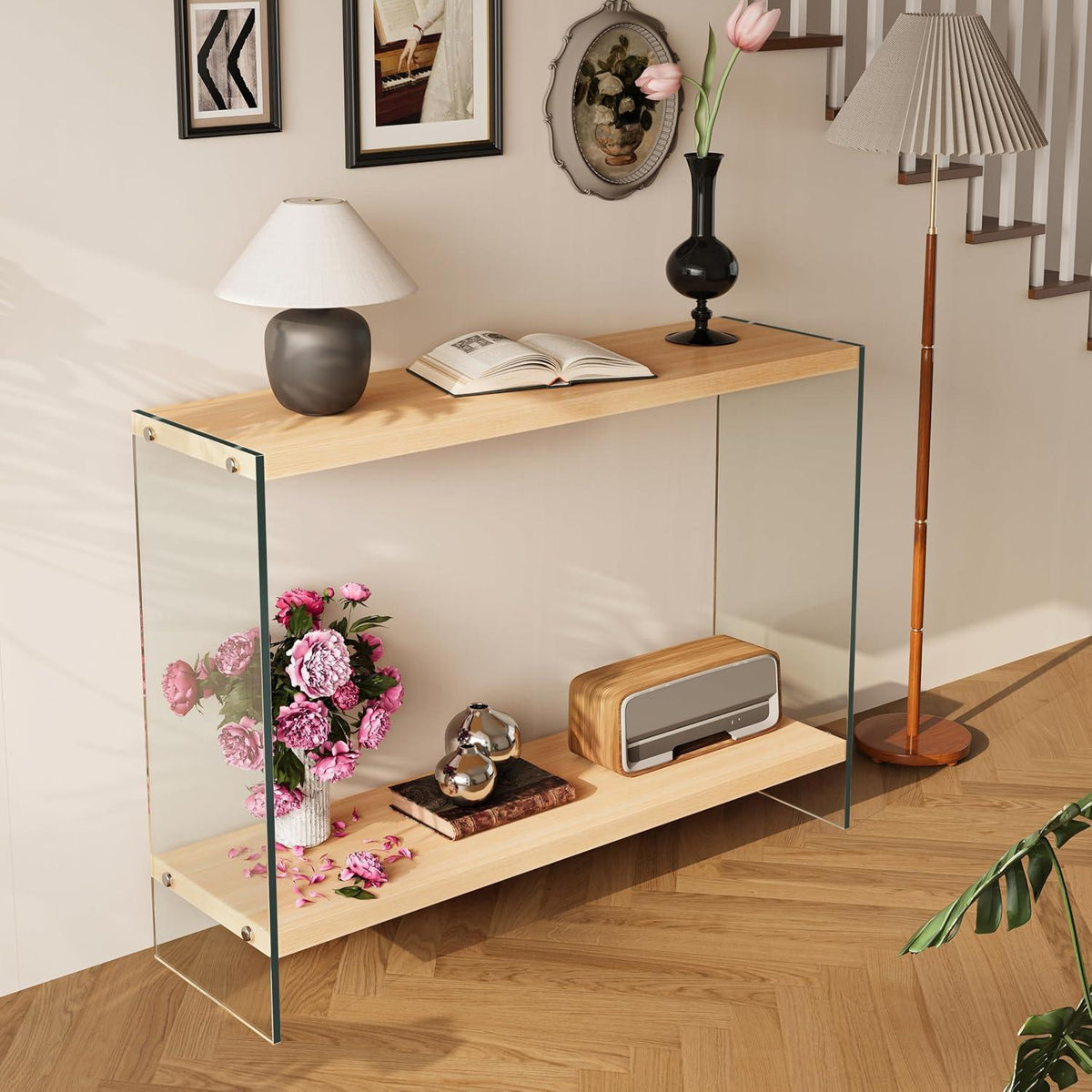 Schmaler Konsolentisch Holz mit Glasbeinen | Flurtisch 80x30 cm