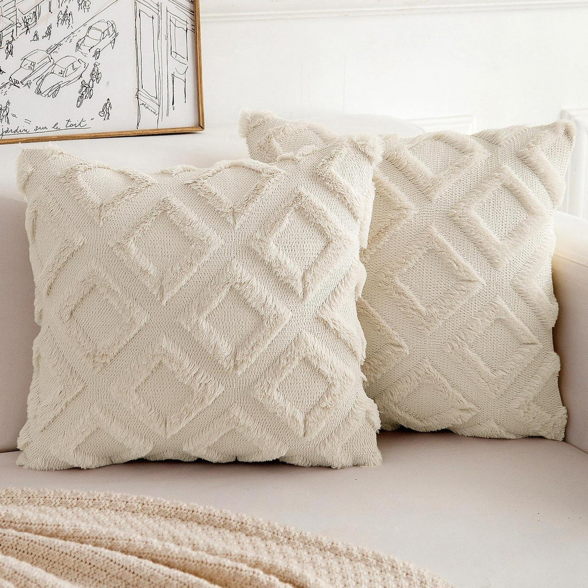 Boho Kissenbezug 2er Set 45x45 cm Beige – Flauschig & Dekorativ