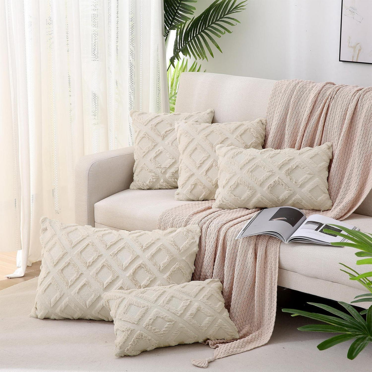Boho Kissenbezug 2er Set 45x45 cm Beige – Flauschig & Dekorativ