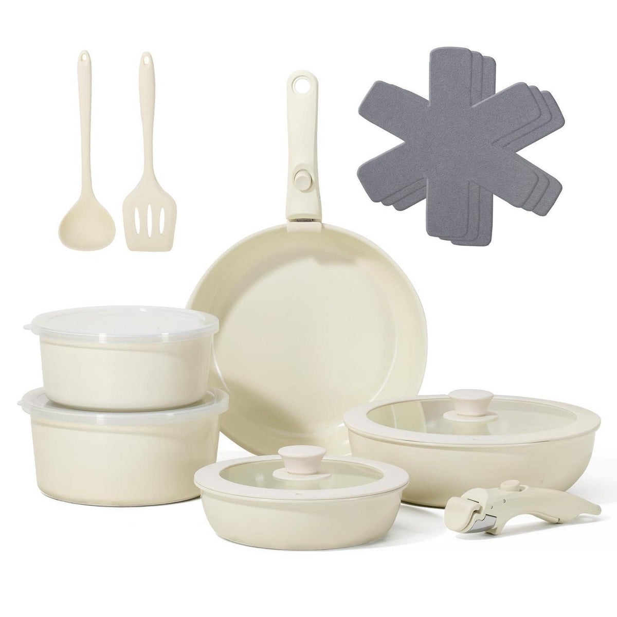 16-teiliges Antihaft-Kochgeschirr Set Beige – Abnehmbarer Griff