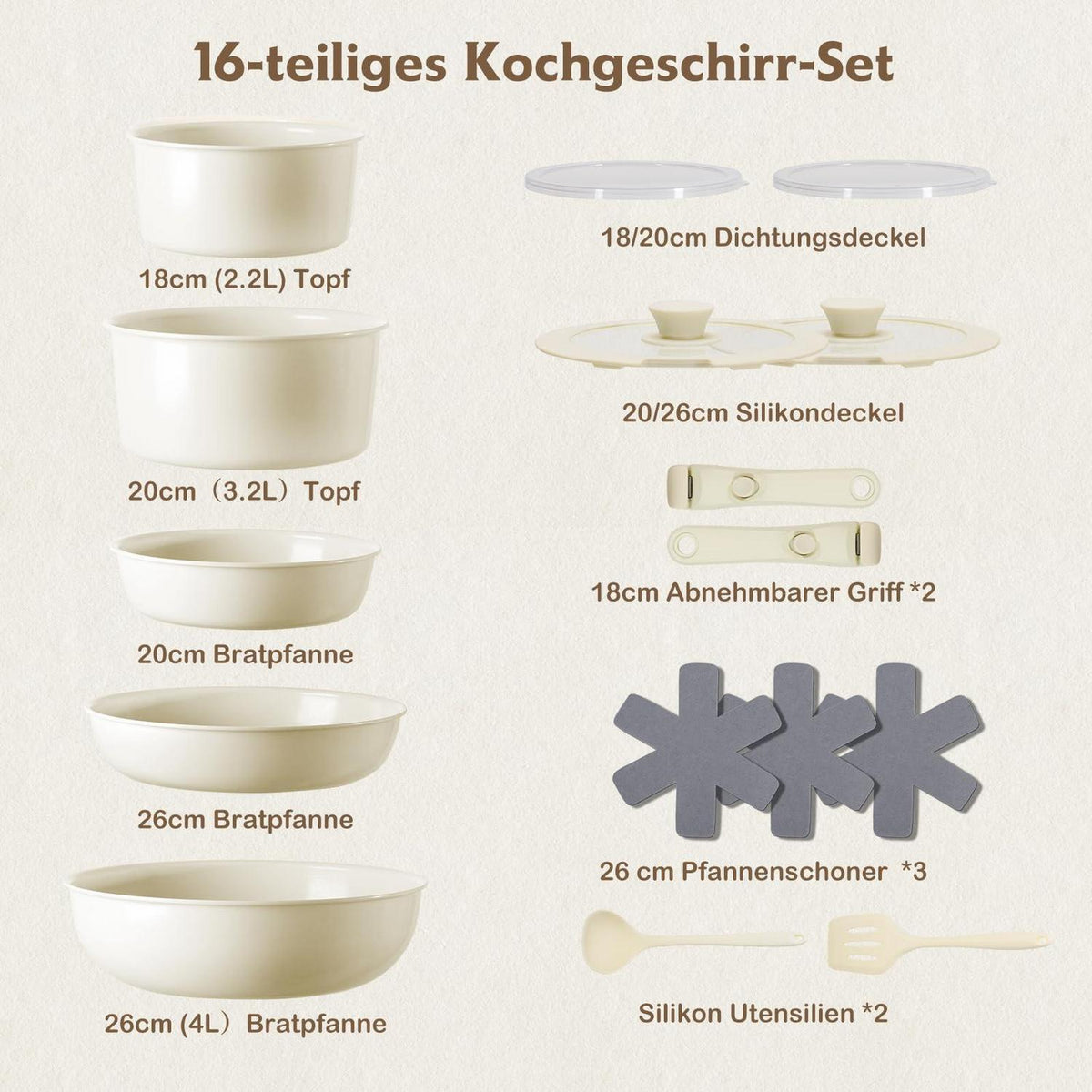 16-teiliges Antihaft-Kochgeschirr Set Beige – Abnehmbarer Griff