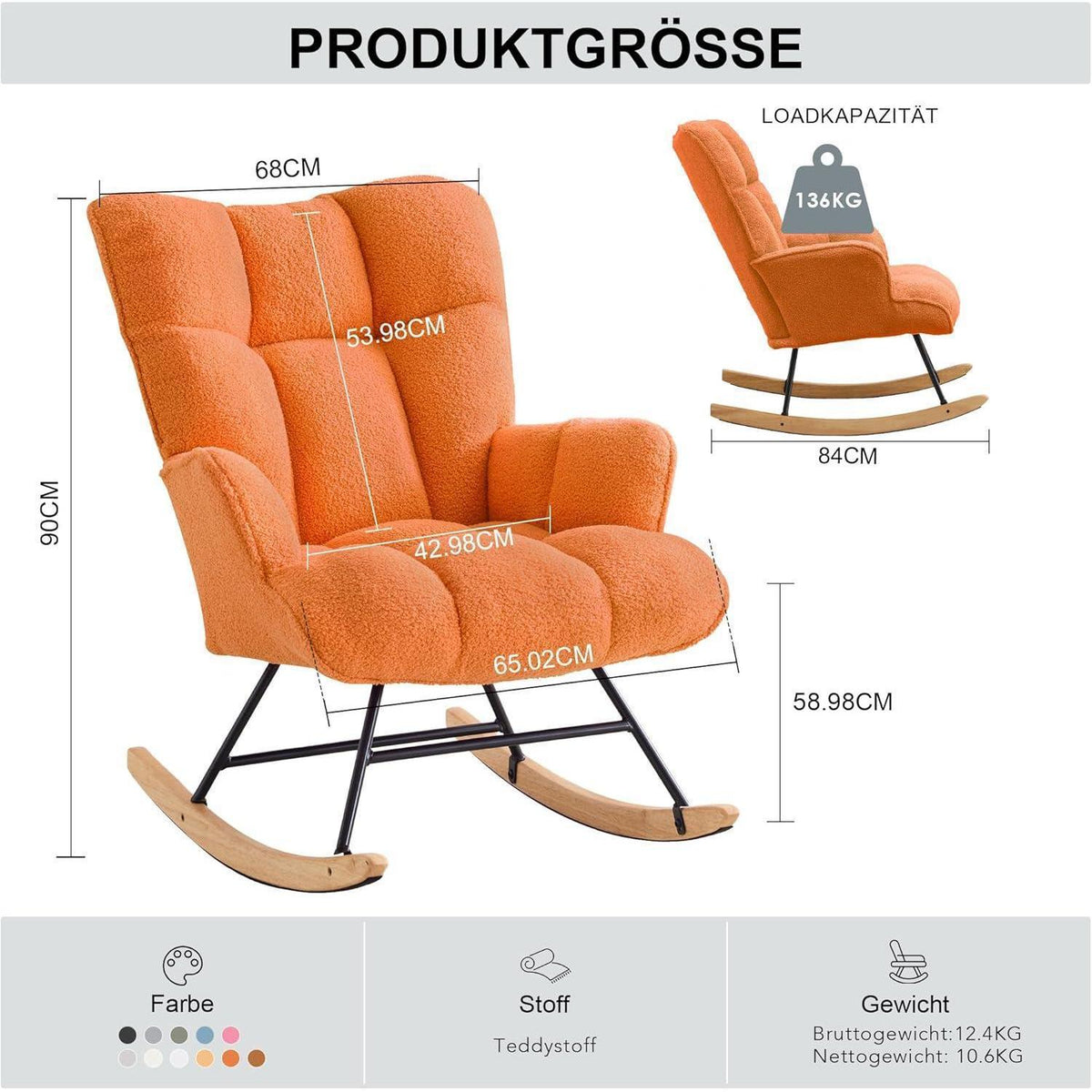 Gepolsterter Schaukelstuhl mit Armlehnen – Orange