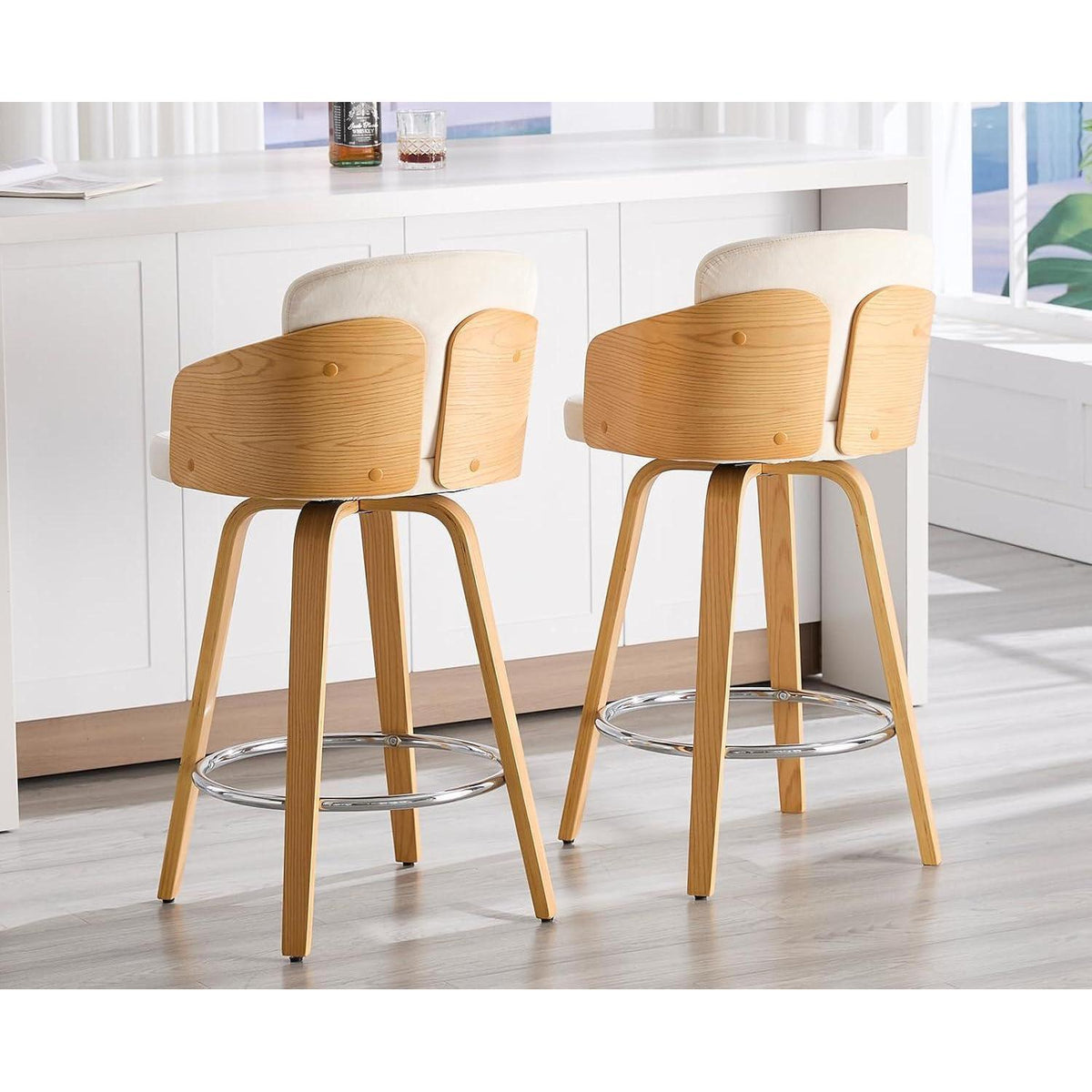 Barhocker 2er Set mit Samtbezug & Holzbeinen – Beige