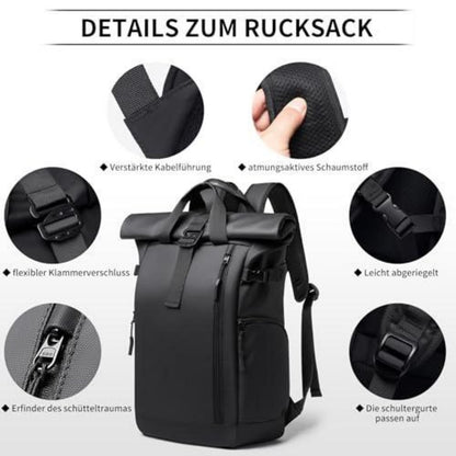 Rolltop Rucksack Schwarz Wasserdicht mit Laptopfach 16 Zoll