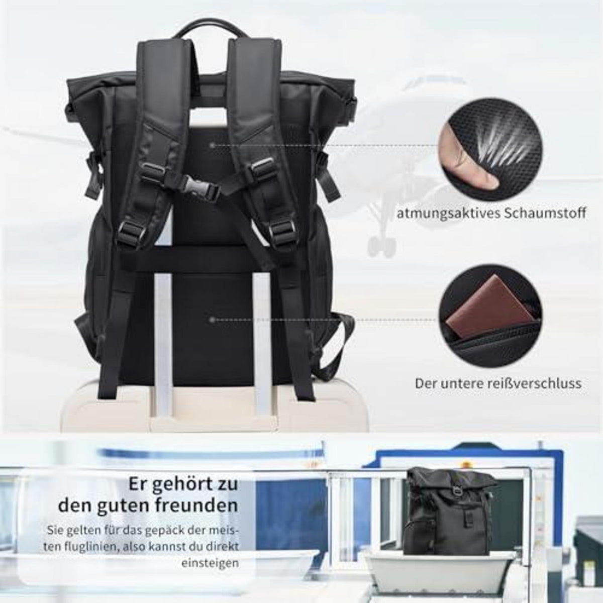 Rolltop Rucksack Schwarz Wasserdicht mit Laptopfach 16 Zoll