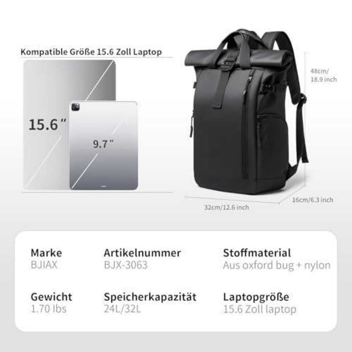 Rolltop Rucksack Schwarz Wasserdicht mit Laptopfach 16 Zoll