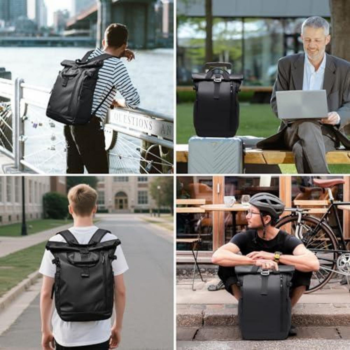 Rolltop Rucksack Schwarz Wasserdicht mit Laptopfach 16 Zoll
